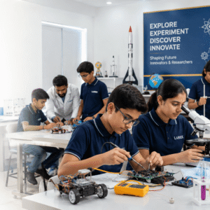 Students performing hands-on science experiments and STEM activities at the LABRIX Science Centre in Ghaziabad.