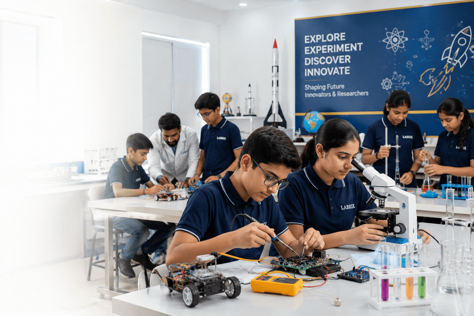 Students performing hands-on science experiments and STEM activities at the LABRIX Science Centre in Ghaziabad.